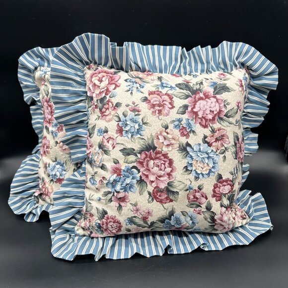 Handmade Other - Vintage Throw Pillows Handmade 1980s Floral Ruffled Pink Blue Decorative Flowers